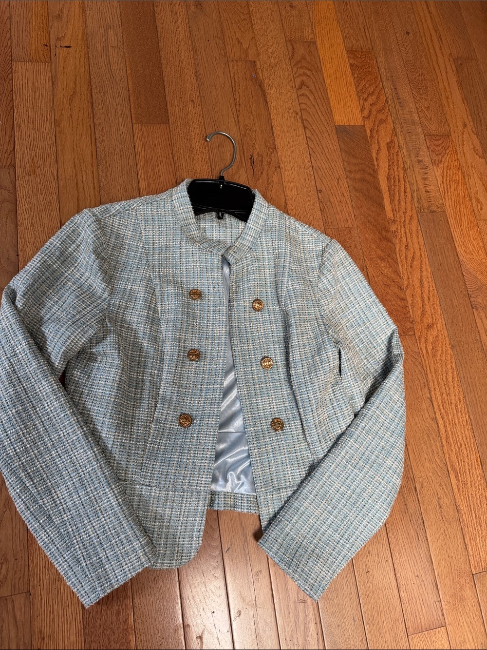 Allegra K Women's Light Blue Tweed Double-Breasted Jacket